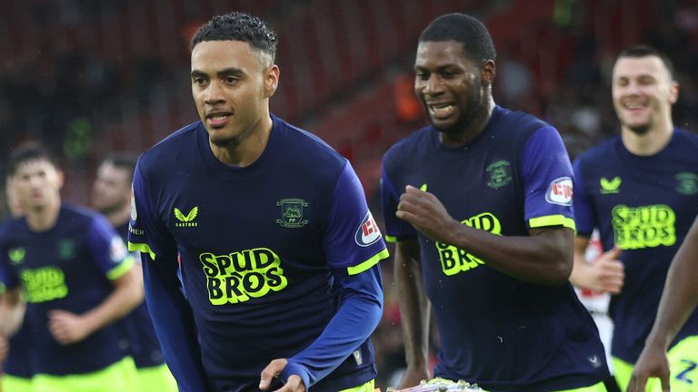 Lewis Dobbin celebrates after scoring for Preston at St Mary's