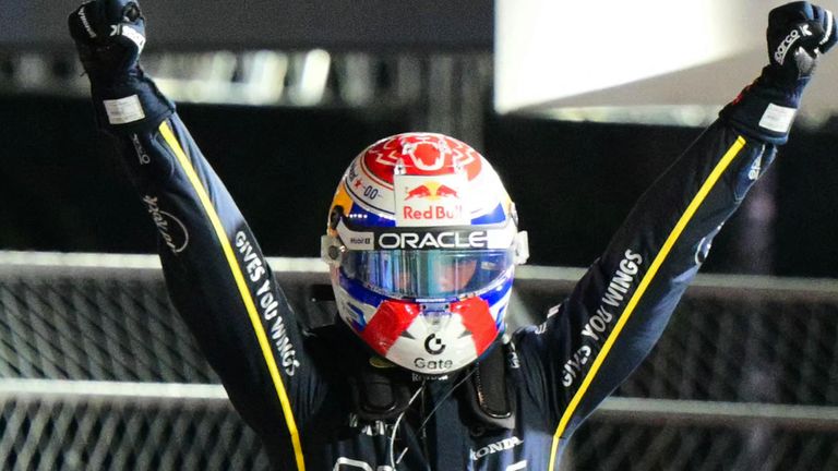 Red Bull Racing's Dutch driver Max Verstappen celebrates after winning the Las Vegas GP