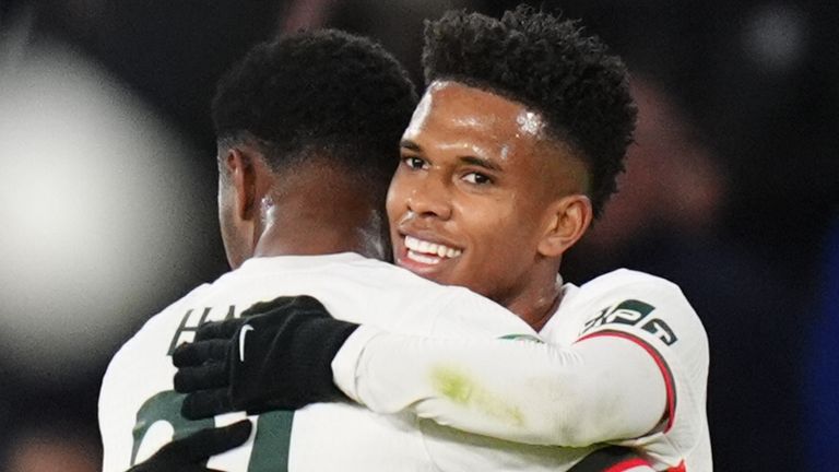 Chelsea's Estevao celebrates with Jorrel Hato (right) after scoring their side's third goal against Wolves in the Carabao Cup