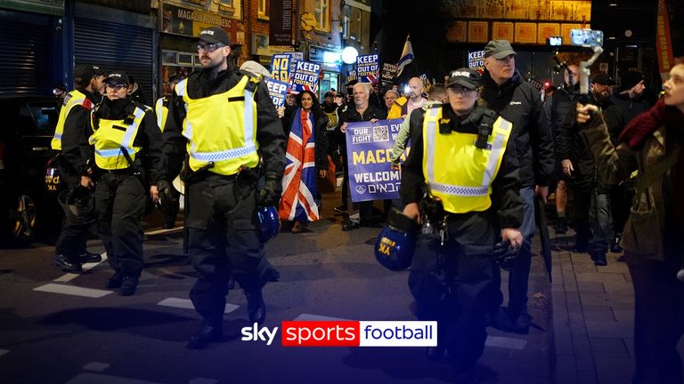 A heavy police presence around has ensured protests have gone without violence so far ahead of Aston Villa&#39;s Europa League tie against Maccabi Tel Aviv.