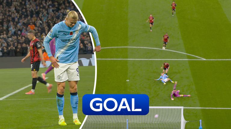 Erling Haaland celebrates scoring for Man City against Bournemouth in the Premier League