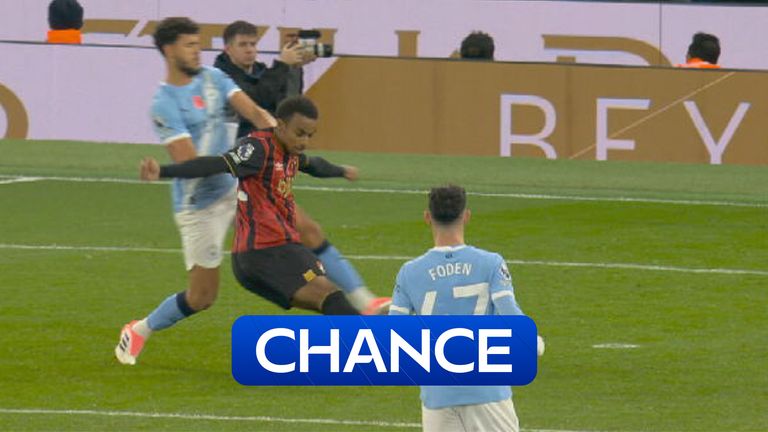 Eli Kroupi Jr takes a shot for Bournemouth against Man City in the Premier League