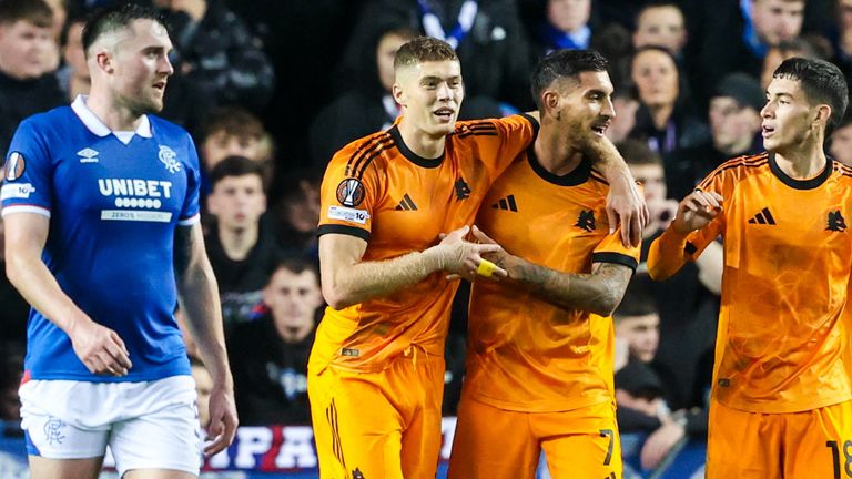 AS Roma's Lorenzo Pellegrini (centre) celebrates scoring to make it 2-0 against Rangers