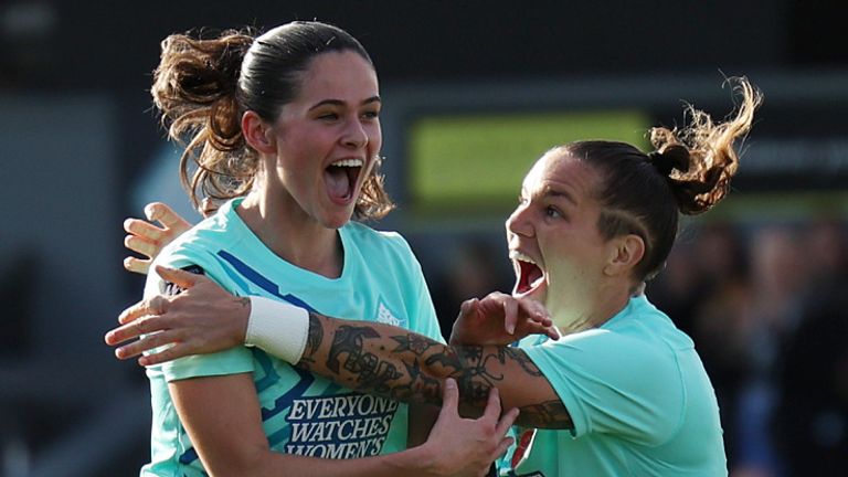 Freya Godfrey celebrates her goal with London City Lionesses team-mate Elena Linari