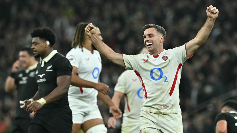 England's fly half George Ford celebrates on the final whistle of the Autumn Nations Series international rugby union match between England and New Zealand at Allianz Stadium, Twickenham, in south-west London, on November 15, 2025. England won the game 33-19. (Photo by Ben STANSALL / AFP)