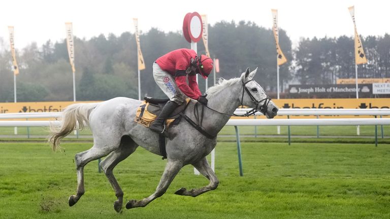 Grey Dawning ridden by jockey Harry Skelton on the way to winning the Betfair Chase at Haydock