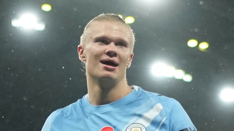 Manchester City's Erling Haaland celebrates after scoring his side's opening goal against Liverpool