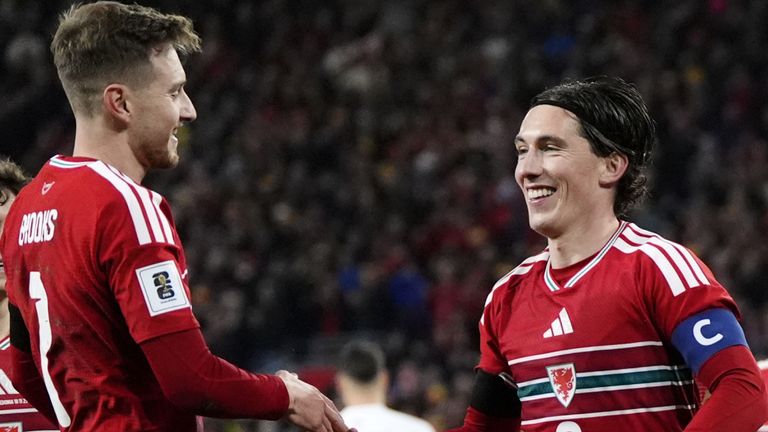 Harry Wilson (right) celebrates giving Wales a 1-0 lead from the penalty spot against North Macedonia