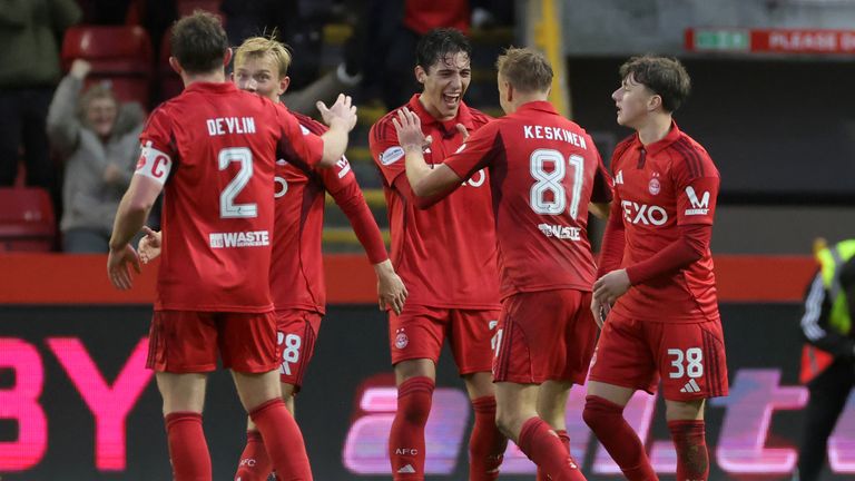 Topi Keskinen celebrates opening the scoring for Aberdeen
