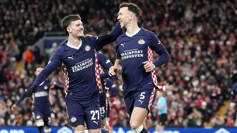 Ivan Perisic celebrates giving PSV Eindhoven the lead at Anfield