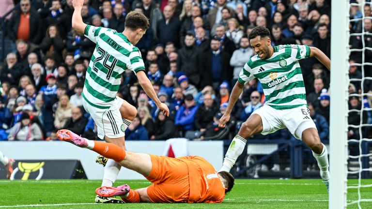 Celtic's Auston Trusty kicks Rangers' Jack Butland during a Premier Sports Cup Semi-Final match between Celtic and Rangers at Hampden Park