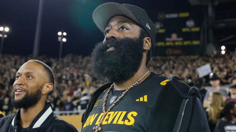 TEMPE, AZ - SEPTEMBER 26: Former Arizona State Sun Devils basketball player James Harden looks on during the college football game between the TCU Horned Frogs and the Arizona State Sun Devils on September 26, 2025 at Mountain America Stadium in Tempe, Arizona. (Photo by Kevin Abele/Icon Sportswire) (Icon Sportswire via AP Images)