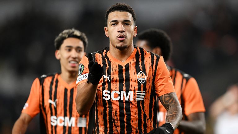 Kaua Elias of Shakhtar Donetsk celebrates scoring his team's second goal during the UEFA Conference League game against Breidablik