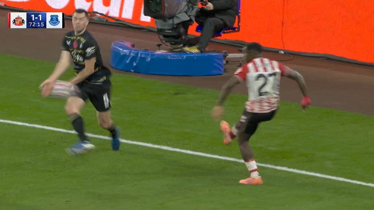 Sunderland appealed for a penalty when the ball struck Michael Keane's hand but a VAR check cleared the incident