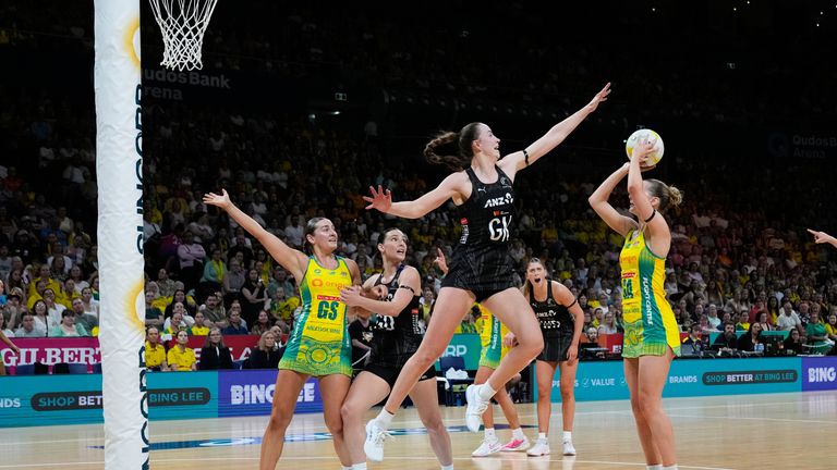 New Zealand's Kelly Jackson attempts to block Australia's Sophie Garbin during the Constellation Cup 2025. (AP Photo/Rick Rycroft)