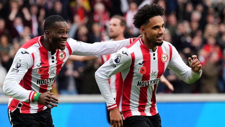 Kevin Schade celebrates after levelling for Brentford