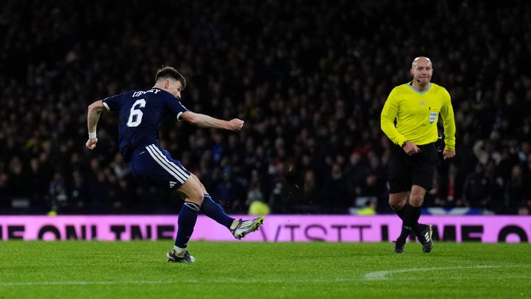 Kieran Tierney gave Scotland the lead in added time with a superb finish