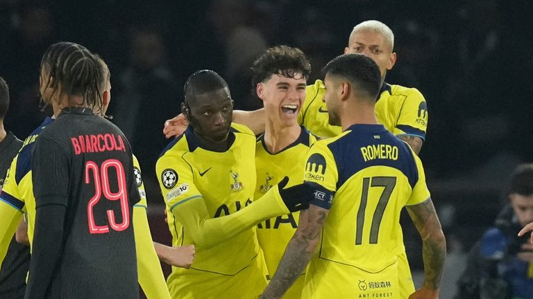 Tottenham's Randal Kolo Muani, left, celebrates with his teammates after scoring his side's second goal