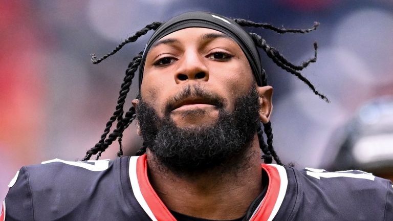Houston Texans cornerback Kris Boyd (17) enters the field prior to the game against the Miami Dolphins during an NFL football game, Sunday, Dec 15, 2024 in Houston. (AP Photo/Maria Lysaker)