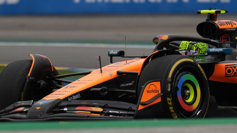 McLaren driver Lando Norris of Britain drives during the Brazilian Formula One Grand Prix at the Interlagos race track in Sao Paulo, Sunday, Nov. 9, 2025. (AP Photo/Andre Penner)