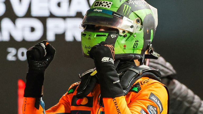 Lando Norris celebrates his Las Vegas Grand Prix pole