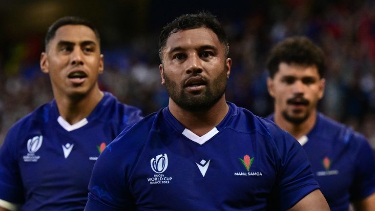 Samoa's fly-half Lima Sopoaga (C) reacts during the France 2023 Rugby World Cup Pool D match between England and Samoa at the Stade Pierre-Mauroy in Villeneuve-d'Ascq, near Lille, northern France on October 7, 2023. (Photo by Miguel MEDINA / AFP)