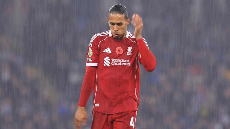 Virgil van Dijk of Liverpool looks dejected during the Premier League match between Manchester City and Liverpool at Etihad Stadium