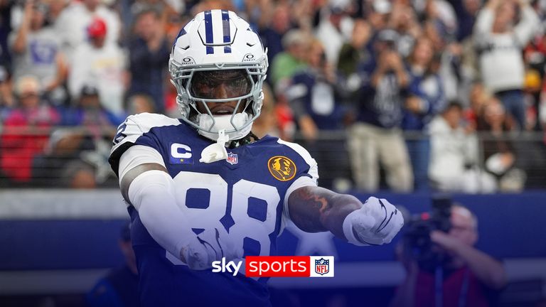 Dallas Cowboys wide receiver CeeDee Lamb celebrates after catching a touchdown pass during the first half of an NFL football game against the Kansas City Chiefs Thursday, Nov. 27, 2025, in Arlington, Texas. 
