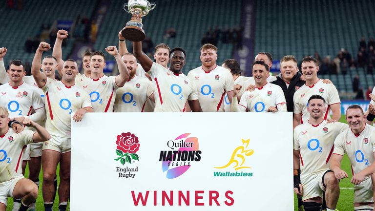 England captain, Maro Itoje, lifting the trophy after their Quilter Nations series win over Australia