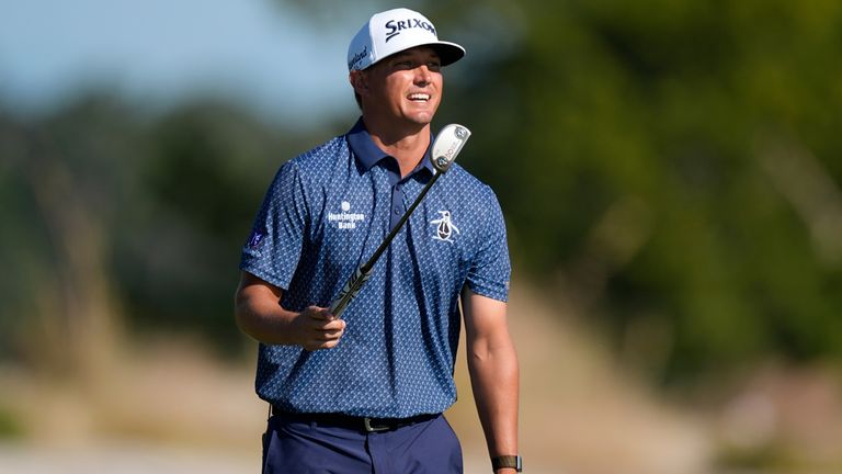 Max McGreevy reacts to his putt on the 13th green during the final round of the RSM Classic golf tournament, Sunday, Nov. 23, 2025, in St. Simons Island, Ga. (AP Photo/Mike Stewart)