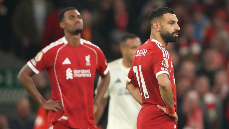 Mohamed Salah and Ryan Gravenberch react after Liverpool lost to Nottingham Forest
