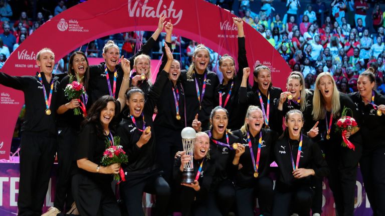 New Zealand celebrating after winning the 2019 Netball World Cup in Liverpool