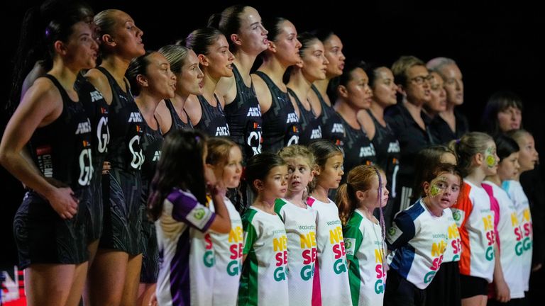 The New Zealand team sing their national anthem ahead of a test match for the Constellation Cup 2025. (AP Photo/Rick Rycroft)