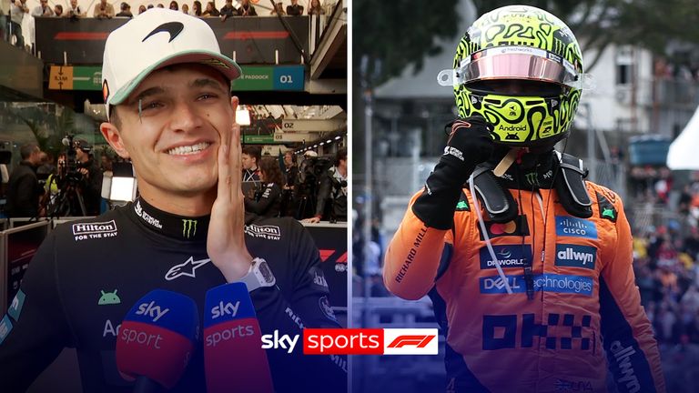 British McLaren driver Lando Norris celebrates winning the Brazilian F1 Grand Prix at Interlagos Racecourse in Sao Paulo, Sunday, November 9, 2025. 