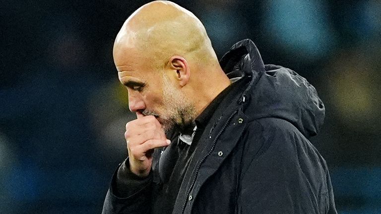 Pep Guardiola reacts after Man City were beaten by Bayer Leverkusen in the Champions League