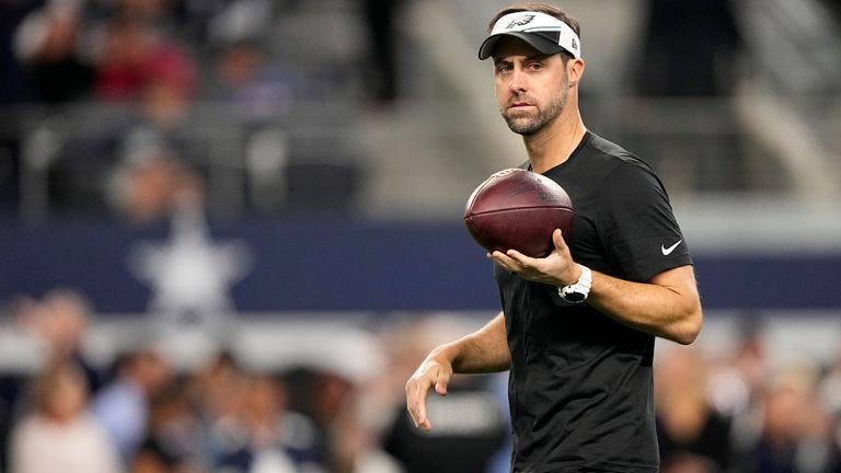 Philadelphia Eagles passing game coordinator/associate head coach Kevin Patullo watches warmups before an NFL football game against the Dall