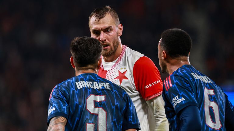 Piero Hincapie squared up to Slavia Prague's Tomas Chory