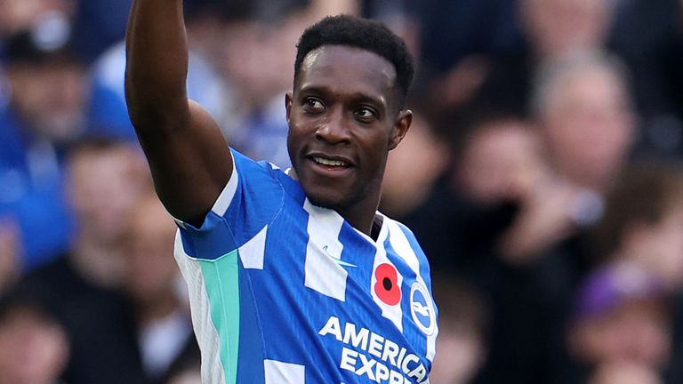 Danny Welbeck celebrates after scoring Brighton's opener against Leeds