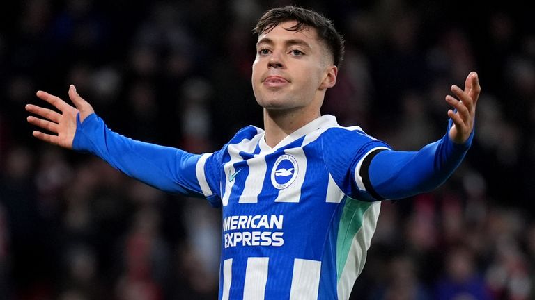 Stefanos Tzimas celebrates doubling Brighton's lead at Nottingham Forest