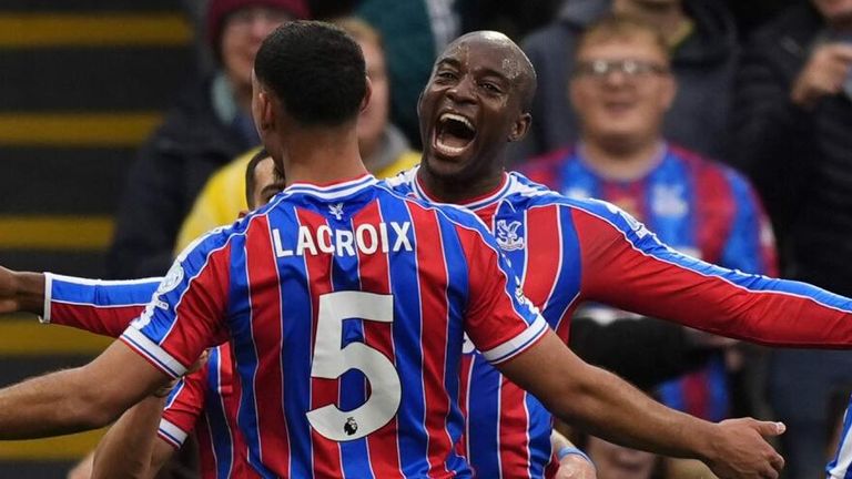 Jean-Philippe Mateta celebrates after scoring for Crystal Palace against Brentford