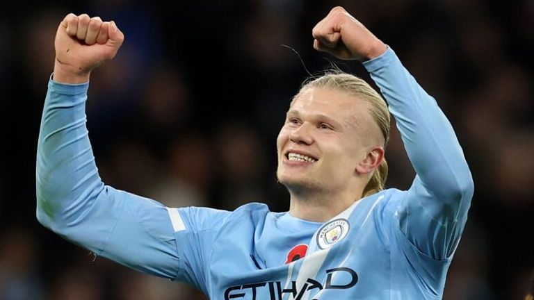 Erling Haaland celebrates after scoring Man City's opening goal against Bournemouth