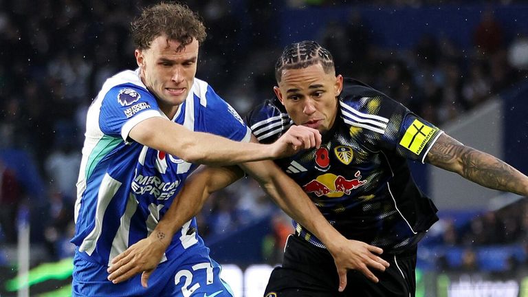 Mats Wieffer and Noah Okafor battle for the ball