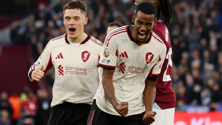 Alexander Isak celebrates after opening the scoring for Liverpool at West Ham