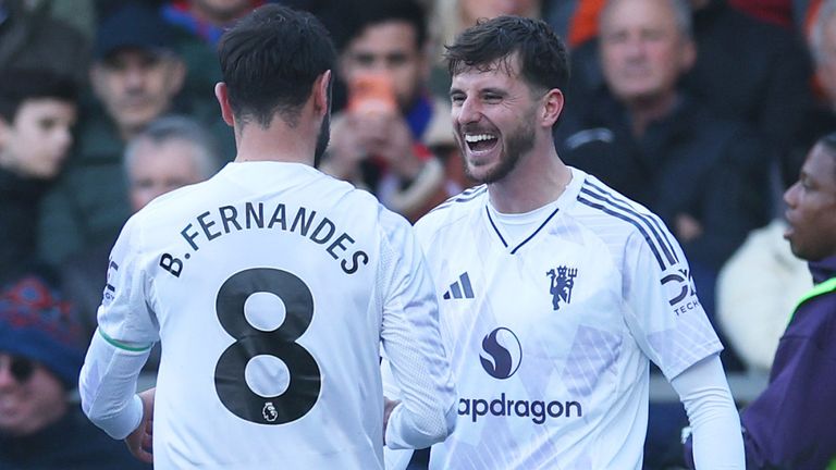 Mason Mount is congratulated after his free-kick gives Manchester United a 2-1 lead at Selhurst Park