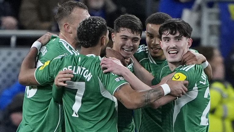 Lewis Miley is mopped up by team-mates after scoring Newcastle's second goal against Everton