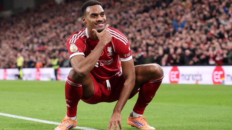 Ryan Gravenberch strikes a pose after giving Liverpool a 2-0 lead against Aston Villa