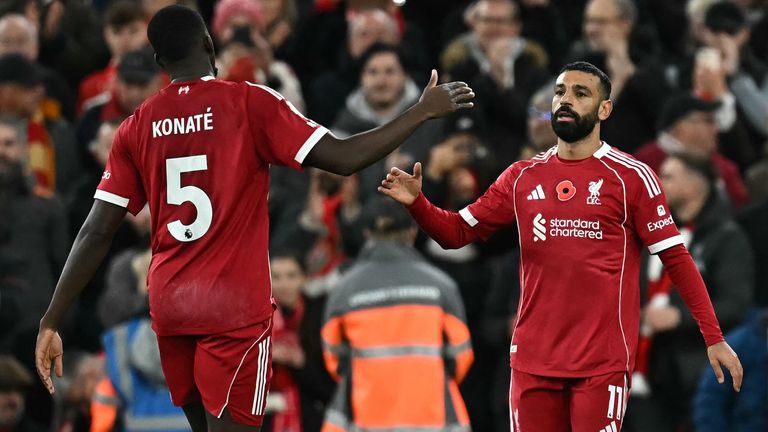 Mohamed Salah is congratulated by Ibrahima Konate after giving Liverpool the lead against Aston Villa