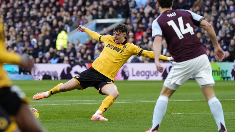 Jorgen Strand Larsen shoots into the Aston Villa net, only for his effort to be ruled out for offside