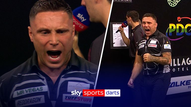 Gerwyn Price soltou um rugido duplo ao acertar 95, ficando a uma perna de fechar a partida contra Martin Schindler.