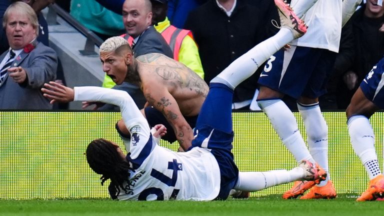 Richarlison celebrates scoring to give Spurs the lead in injury time